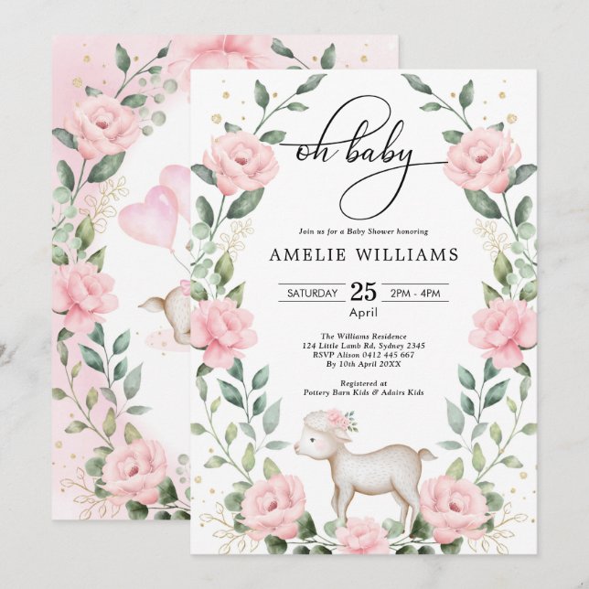 Rosa Floral Lamm Grüne Wreath Girl Babydusche Einladung (Vorne/Hinten)