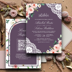 Rosa Floral Lila Spitze QR Code Muslimische Hochze Einladung
