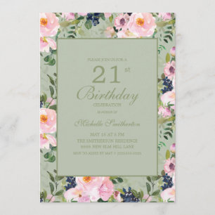 Rosa floral mintgrün 21. Geburtstag Einladung