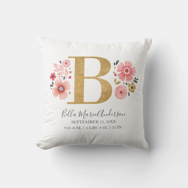 Rosa Floral Monogramm Anfangsbuchstabe B Geburtsst Kissen (Vorderseite)
