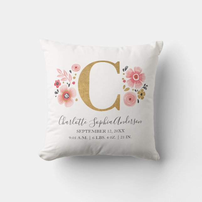 Rosa Floral Monogramm Anfangsbuchstabe C Geburtsst Kissen (Vorderseite)