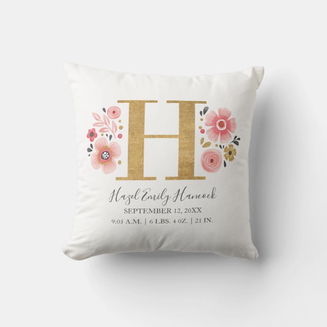 Rosa Floral Monogramm Anfangsbuchstabe H Geburtsst Kissen (Vorderseite)
