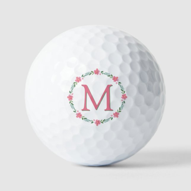 Rosa Floral Monogramm Golfball (Vorderseite)