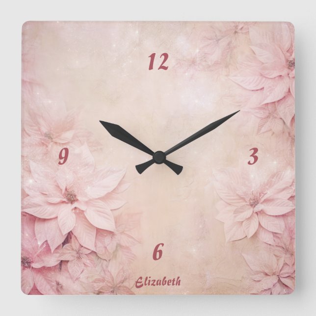 Rosa Floral Quadratische Wanduhr (Vorderseite)