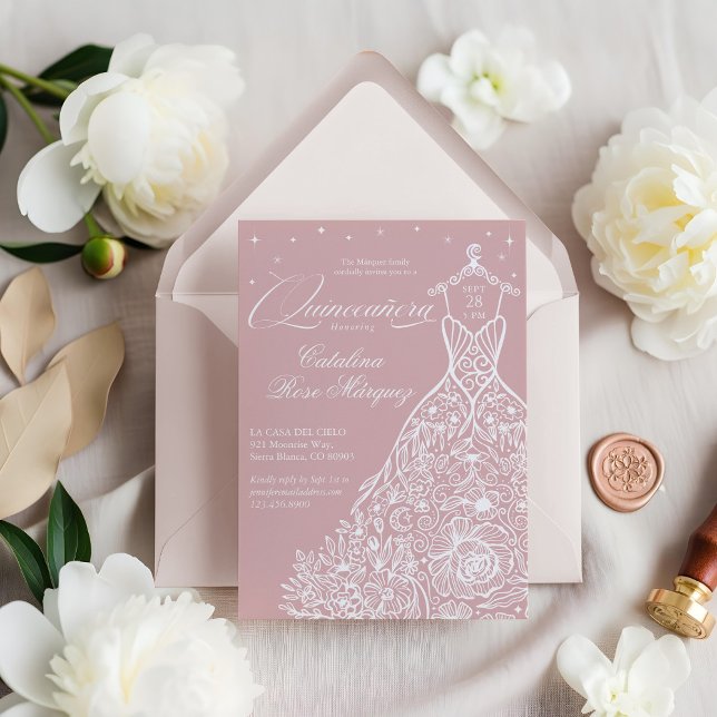 Rosa Floral Quinceañera Gown Celestis Moon Stars Einladung (Pink Floral Quinceañera Gown Celestial Moon Stars Invitation)