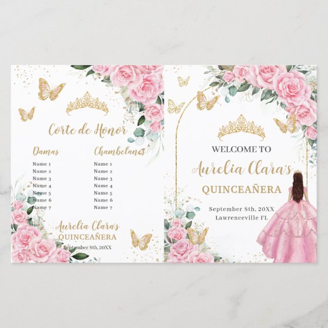 Rosa Floral Quinceanera Orden der Ereignisse Progr (Vorderseite)