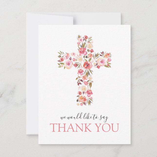 Rosa Floral Religious Cross Dankeskarte (Vorderseite)