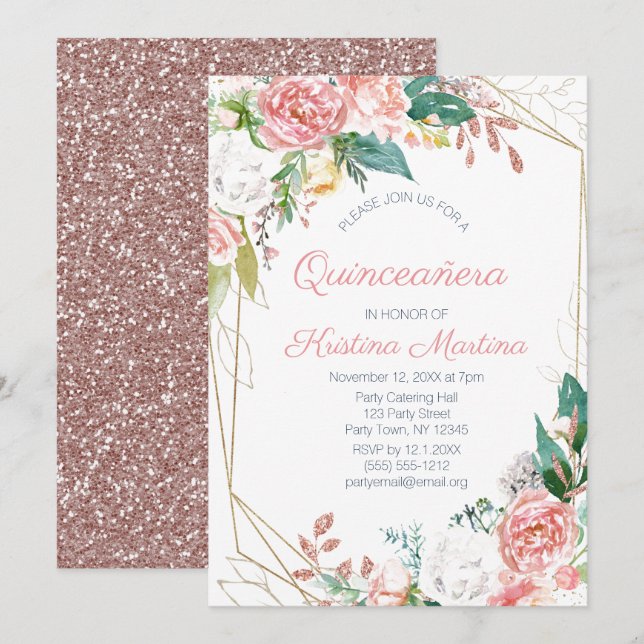 Rosa Floral Rose Gold Glitzer Quinceañera Geburtst Einladung (Vorne/Hinten)