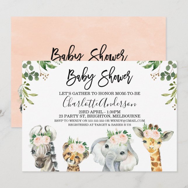 Rosa Floral Safari Tiere Kinderdusche Einladung (Vorne/Hinten)