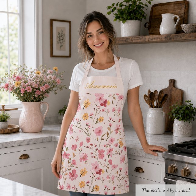 Rosa Floral Schürze (sweet girly elegant pink floral wildflower apron with custom monogram name in script calligraphy)