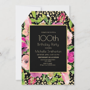 Rosa Floral Schwarz Gold Glitter 100. Geburtstag Karte