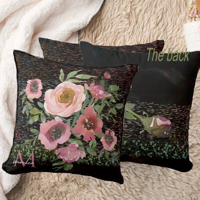 Rosa Floral Schwarz Kissen (Pink floral black throw pillow double -sided)