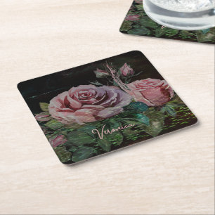 Rosa Floral Schwarz Rechteckiger Pappuntersetzer