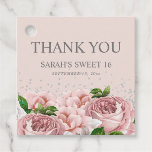 Rosa Floral Silber Glitter Sweet 16 Danke Geschenkanhänger