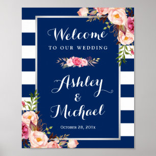 Rosa Floral Silver Navy Blaue Streifen Hochzeitsze Poster