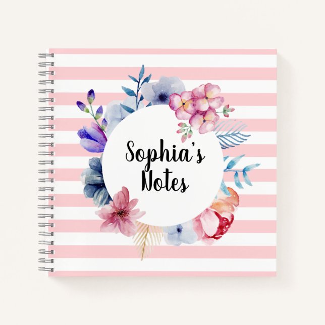 Rosa Floral Streifen Notizbuch (Vorderseite)