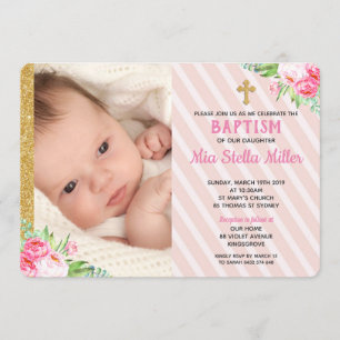 Rosa Floral Taufe Christening Girl Foto Einladung