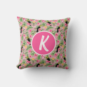 Rosa Floral Tropischer Bird Monogram Kissen
