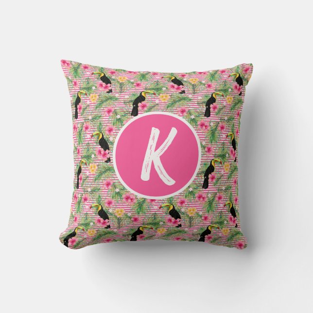 Rosa Floral Tropischer Bird Monogram Kissen (Vorderseite)