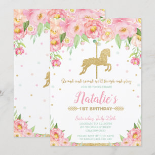 Rosa Floral und Gold Karussell 1. Geburtstagskind Einladung