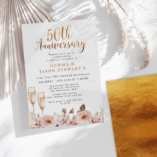 Rosa Floral- und Goldene 50-Jahr-Jubiläums-Einladu Einladung