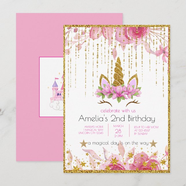 Rosa Floral | Unicorn Birthday Party Einladung (Vorne/Hinten)