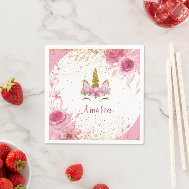 Rosa Floral | Unicorn Birthday Party Serviette (Beispiel)