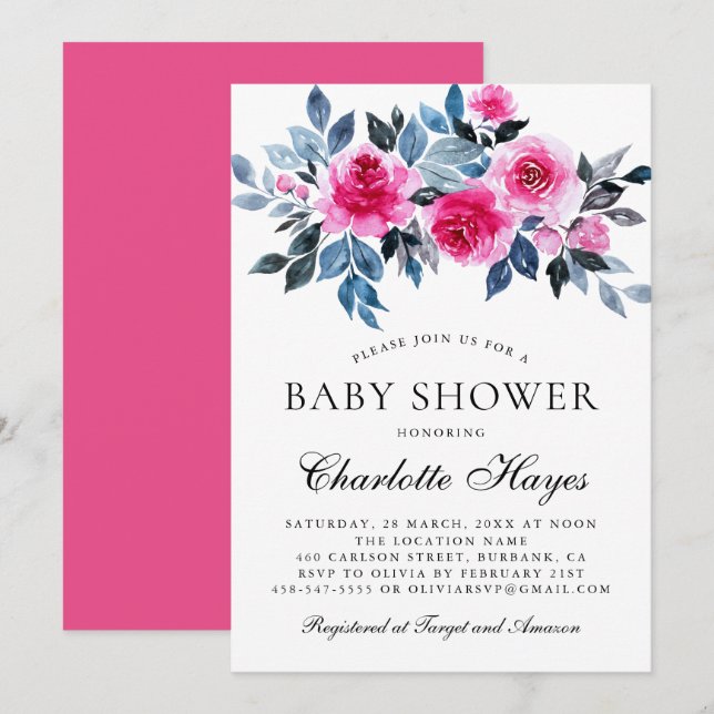Rosa Floral Wasserfarbe Elegante Babydusche Einladung (Vorne/Hinten)