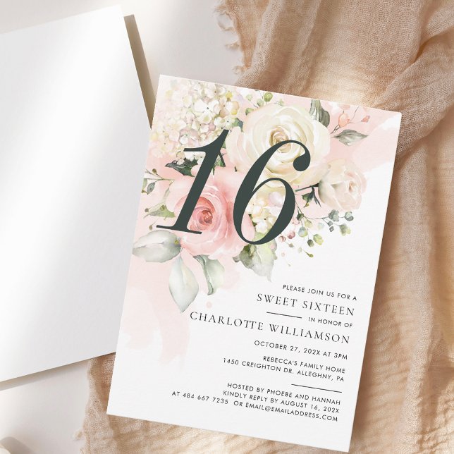 Rosa Floral Wasserfarbe Moderne Süße 16 Einladung (Pink Floral Sweet Sixteen Script Elegant Watercolor 16th Birthday Party Invitation)