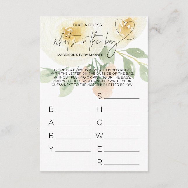 Rosa Floral Whats in der Bag Baby Shower Game Card Begleitkarte (Vorderseite)