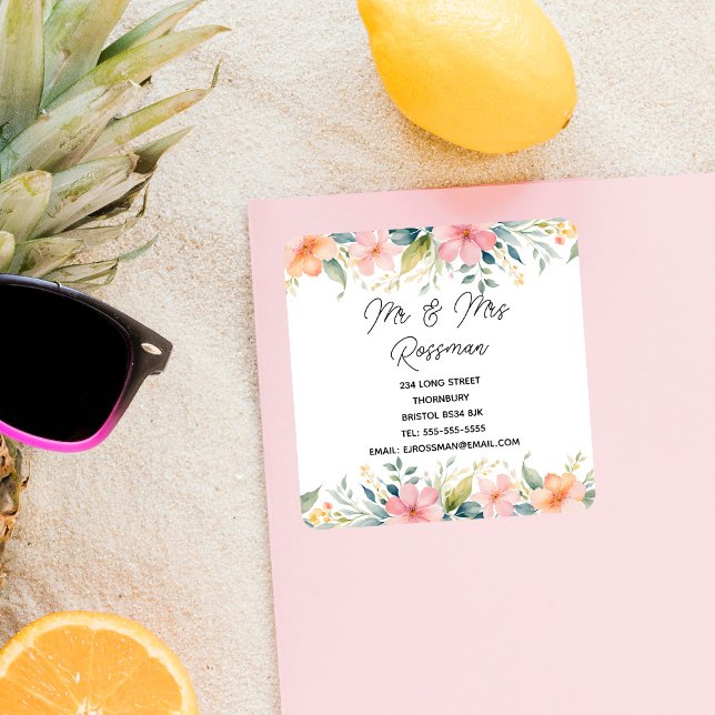 Rosa florale Änderung der Adressenaufkleber | eleg Quadratischer Aufkleber (Von Creator hochgeladen)