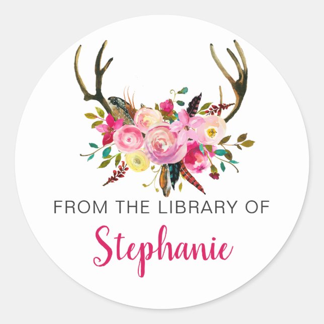 Rosa florale Antlers Bibliothek Buchzeichen + Name Runder Aufkleber (Vorderseite)