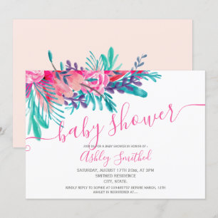 Rosa florale Aquarell-Typografie Babydusche Einladung
