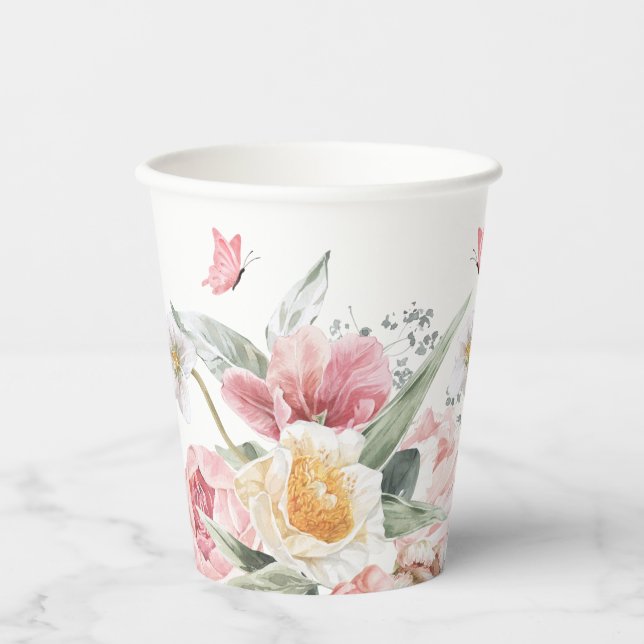 Rosa florale Arrangements pastellfarbene Aquarellb Pappbecher (Vorderseite)