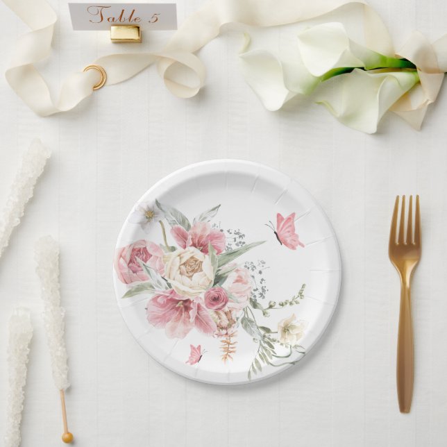 Rosa florale Arrangements pastellfarbene Aquarellb Pappteller (Hochzeit)