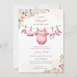 Rosa florale Babyparty Wäsche Einladung