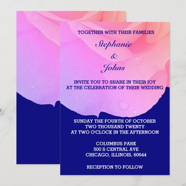 Rosa florale blaue Rose Elegante Hochzeit Einladung (Vorne/Hinten)