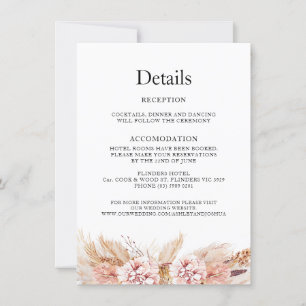 Rosa Florale Boho Pampas Hochzeitsdetails Karte