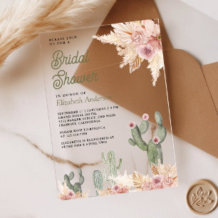 Rosa Florale Boho Pampas Kaktus Brautparty Acryleinladungen
