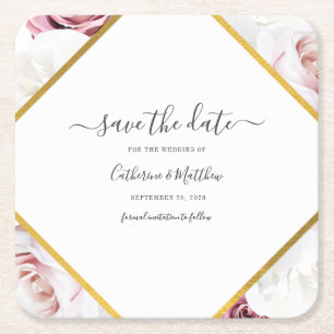 Rosa florale botanische geometrische Save The Date Rechteckiger Pappuntersetzer