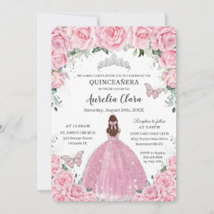 Rosa Florale Braunhaar Prinzessin Quinceanera Mis Einladung