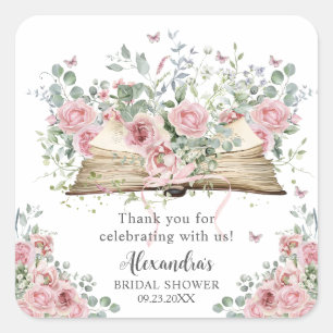 Rosa Florale Buch Hochzeit Brautparty Neues Kapite Quadratischer Aufkleber
