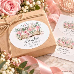Rosa Florale Buch Hochzeitsshower Neues Kapitel Ovaler Aufkleber