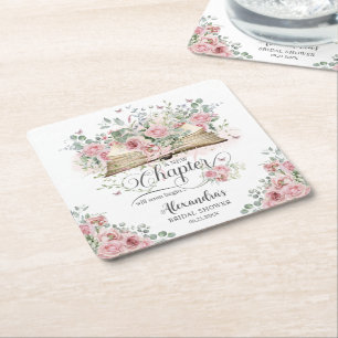 Rosa Florale Buch Hochzeitsshower Neues Kapitel Rechteckiger Pappuntersetzer