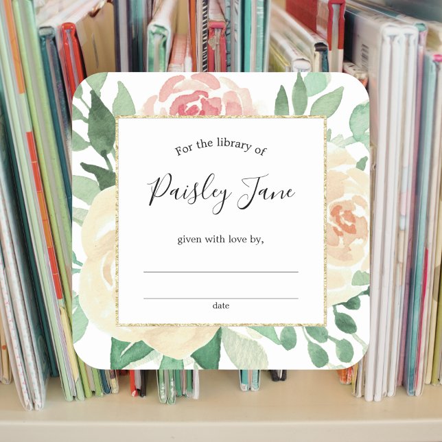 Rosa florale Buchzeichen Quadratischer Aufkleber (Von Creator hochgeladen)