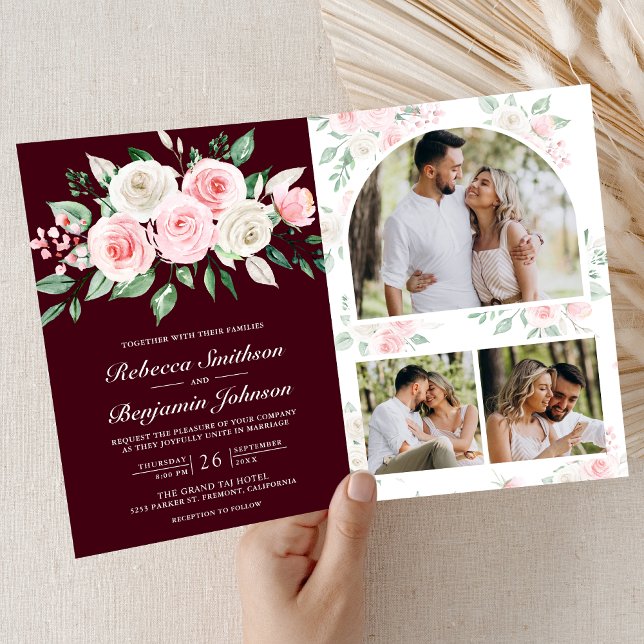 Rosa Florale Burgunder QR-Code Hochzeit Einladung (Von Creator hochgeladen)