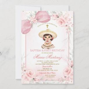 Rosa Florale Charra Mädchen Taufe & 1. Geburtstag Einladung