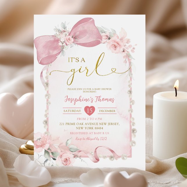 Rosa florale Coquette Bow The Girl Baby Dusche Einladung (Von Creator hochgeladen)