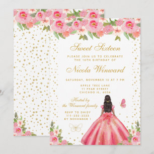 Rosa Florale Dark Skin Prinzessin Sweet Sixteen Einladung