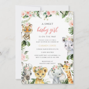 Rosa florale Dschungel-Mädchen-Safari-Baby-Party Einladung
